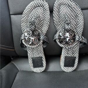 Tory Burch Black Reptile Snake Polka
Dot Metal Miller Sandals